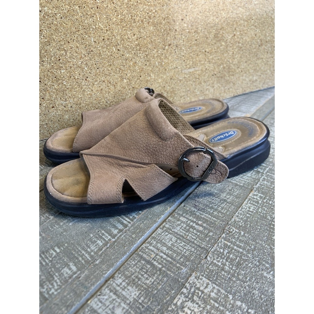 Dr. Scholl's Women's Brown Leather Slide Sandal Size 7W Silver Buckle Open Toe